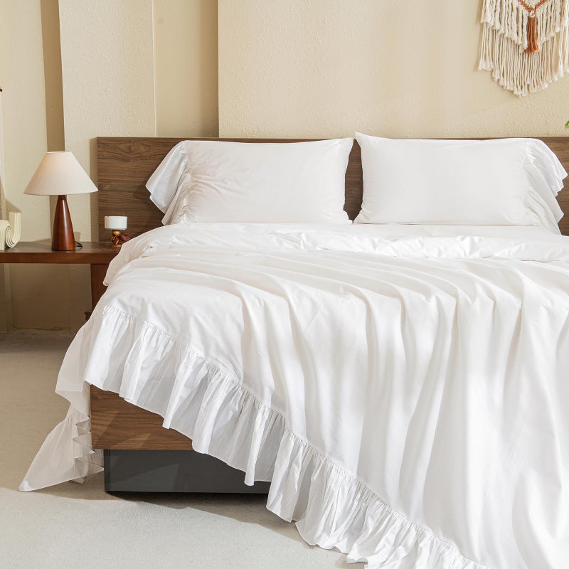 QSH Queen's House White Ruffles Bed Sheet Set Cotton 4-Piece King Size-Style G - Image 1